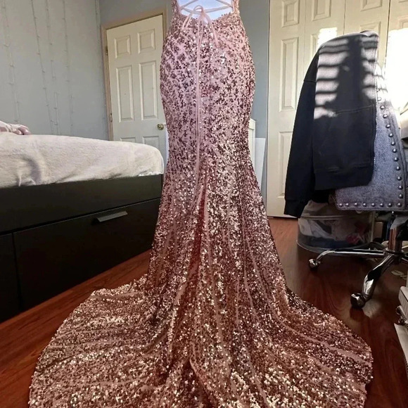 Rose Gold Long Gown Sequin Prom Homecoming Wedding Bridesmaid Formal - Picture 2 of 6